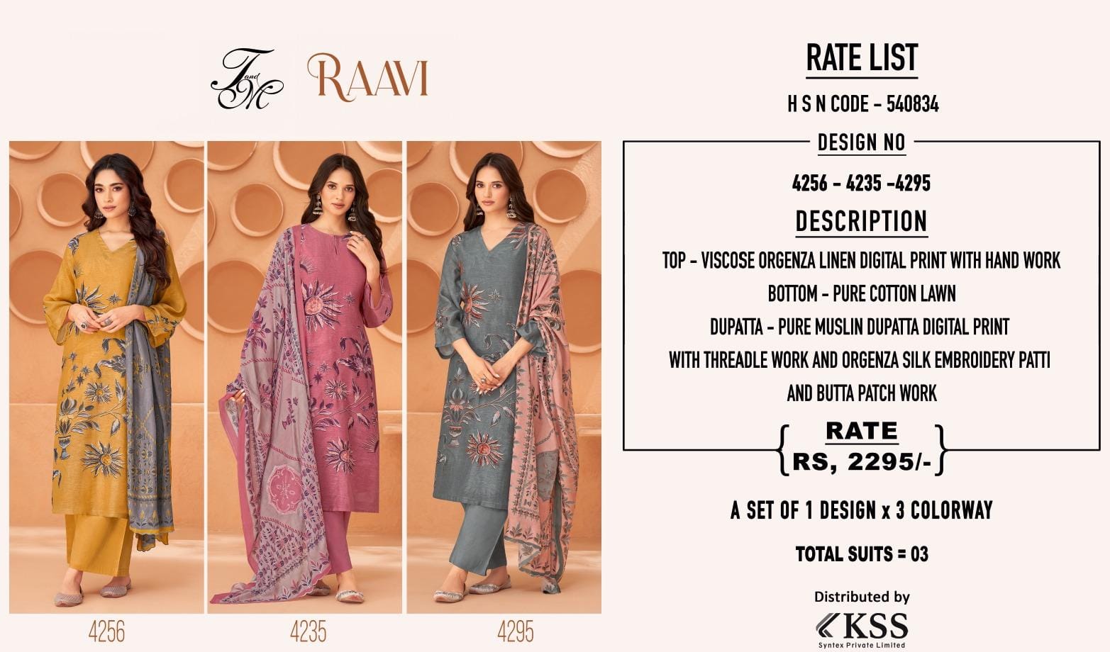 Raavi By T And M Viscose Organza Printed Salwar Kameez Wholesale Price In Surat

